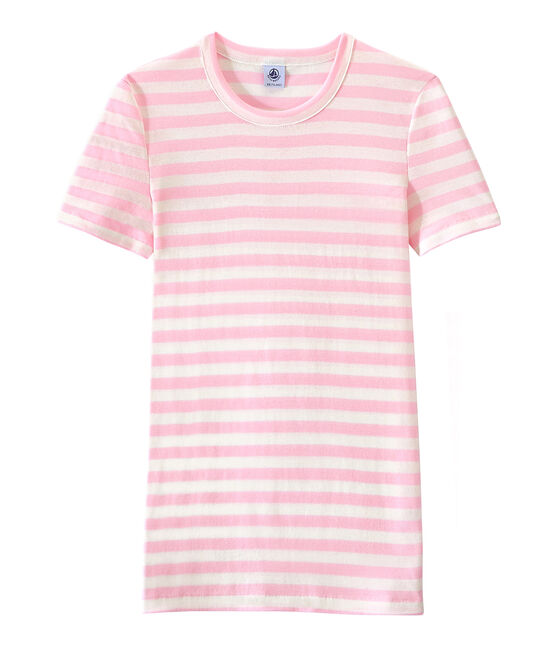 Gestreept dames-T-shirt in origineel geribd katoen roze BABYLONE/wit MARSHMALLOW