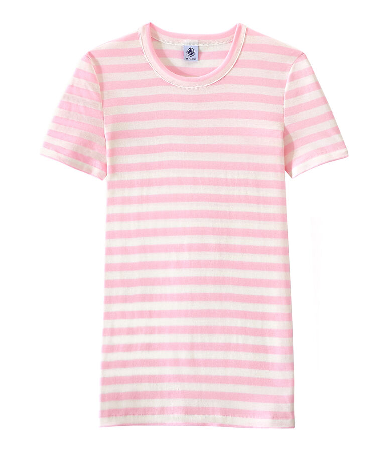 Gestreept dames-T-shirt in origineel geribd katoen roze/wit