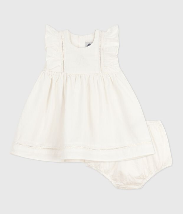 Robe b&eacute;b&eacute; en coton sans manche unie et brod&eacute;e avec son bloomer blanc