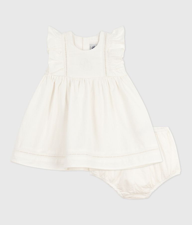 Robe b&eacute;b&eacute; en coton sans manche unie et brod&eacute;e avec son bloomer blanc