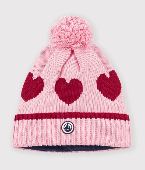 Kindermuts van jacquardtricot met fleecevoering roze/rood