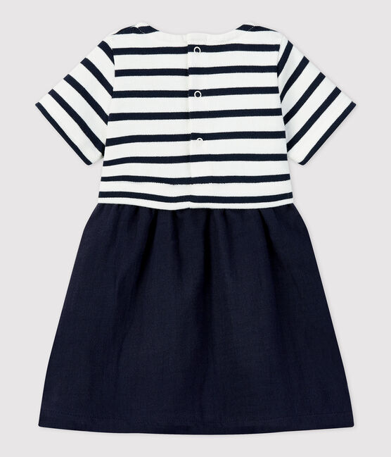 Robe bi-matière en gaze de coton et jersey épais bio bébé blanc MARSHMALLOW/bleu SMOKING