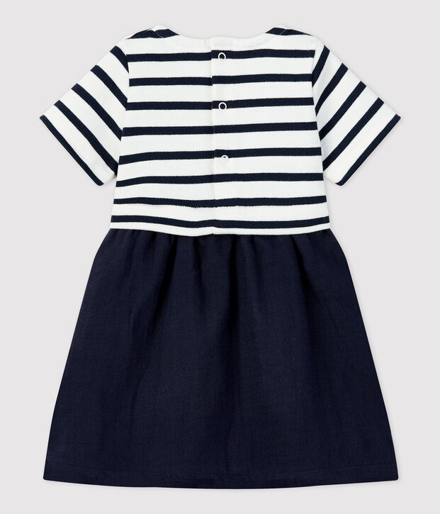 Robe bi-mati&egrave;re en gaze de coton et jersey &eacute;pais bio b&eacute;b&eacute; blanc/bleu