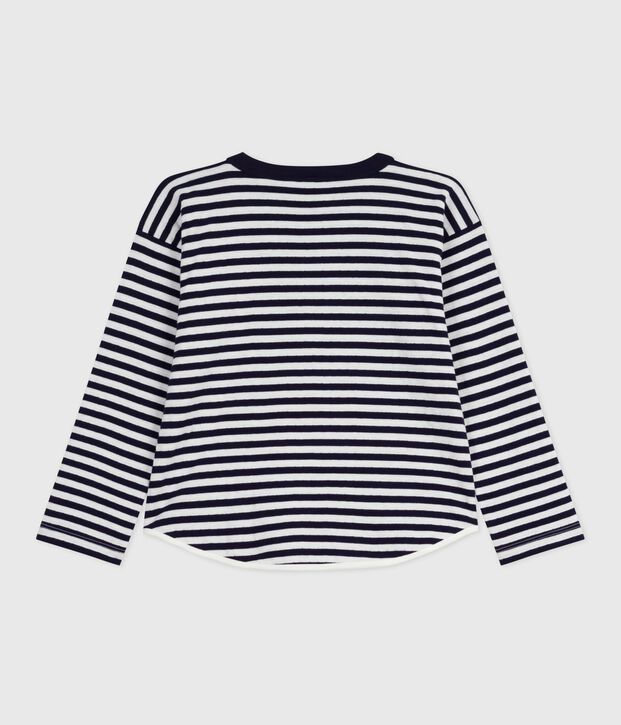 Tee-shirt enfant manches longues en coton ray&eacute; bleu/&eacute;cru