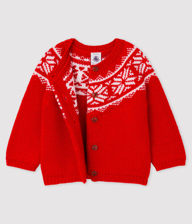 Cardigan 100% laine b&eacute;b&eacute; rouge/blanc