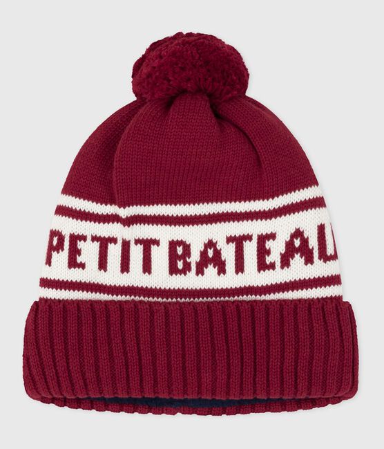 Gebreide kindermuts met fleecevoering - Petit Bateau rood AMARANTE/ MARSHMALLOW