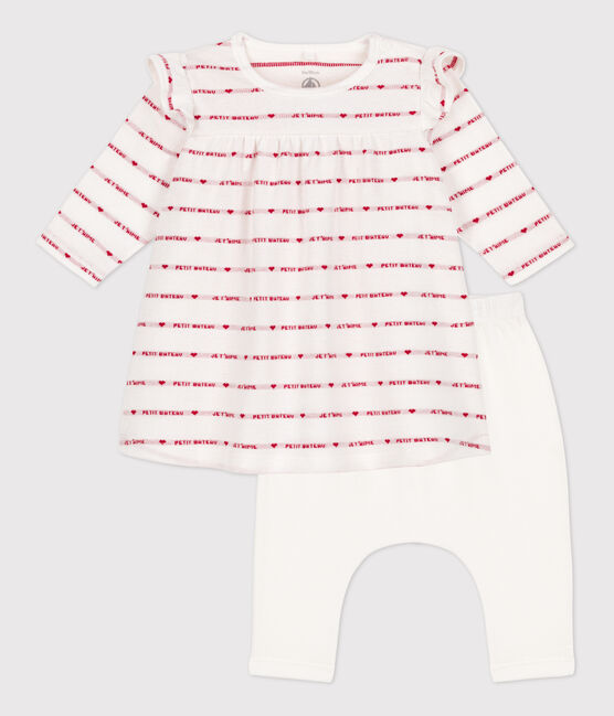 Katoenen leggingjurk van jacquard voor baby's wit MARSHMALLOW/rood TERKUIT
