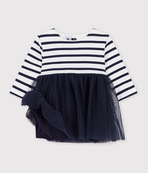 Gestreepte jurk met lange mouwen van twee materialen voor baby's wit/multicouleur