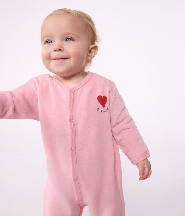 Pyjama b&eacute;b&eacute; en velours uni avec motif plac&eacute; rose