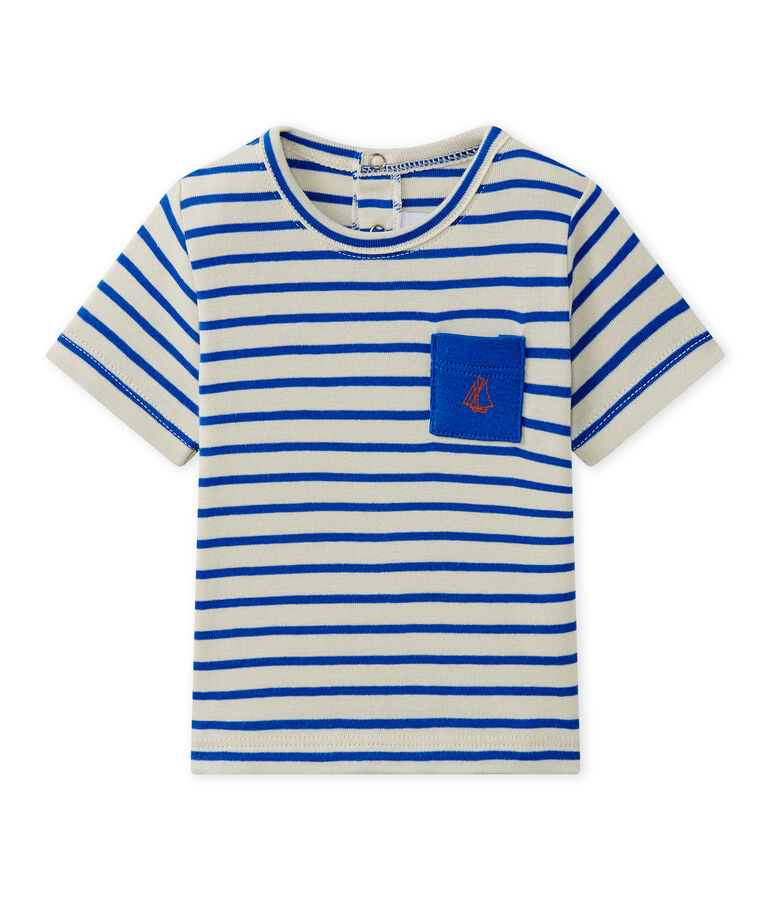 Gestreept T-shirt met korte mouwen voor babyjongens wit FETA/blauw PERSE
