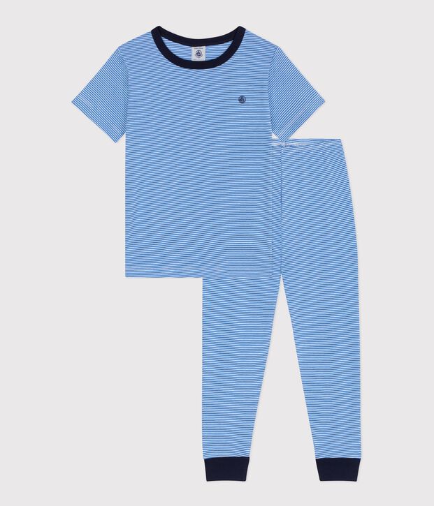 Pyjama enfant en coton manches courtes jambes longues ray&eacute; bleu/blanc