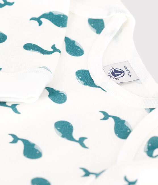 Katoenen babypyjama zonder drukknoopjes met walvisprint groen MARSHMALLOW/ DRAGONFLY