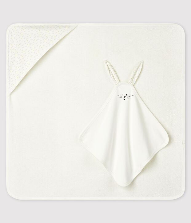Vierkante badset en babyknuffel van badstof en biologisch katoen wit/multicouleur