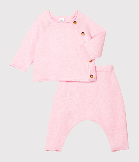 Ensemble deux pièces bébé en coton, laine mérinos et polyester rose FLEUR