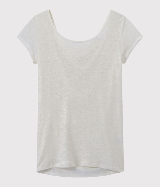 Linnen dames-T-shirt met wijde ruguitsnijding en iriserend effect wit LAIT/geel OR