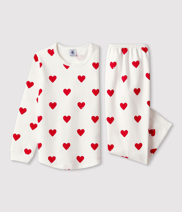 Kinderpyjama van molton met hartjesprint wit/rood