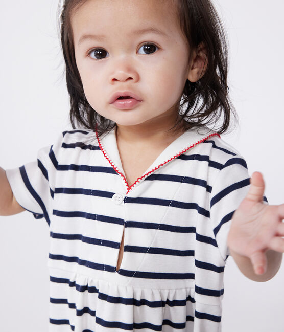 Katoenen babyjurkje met korte mouwen en matrozenkraagje wit MARSHMALLOW/blauw SMOKING