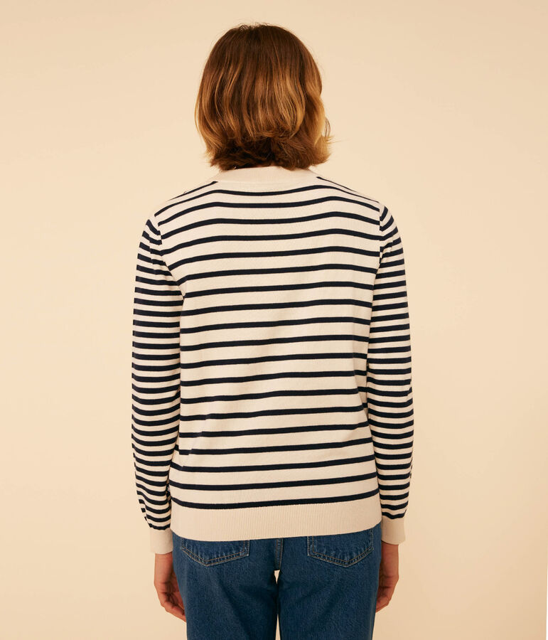 Pull en coton marini&egrave;re Femme &eacute;cru/bleu