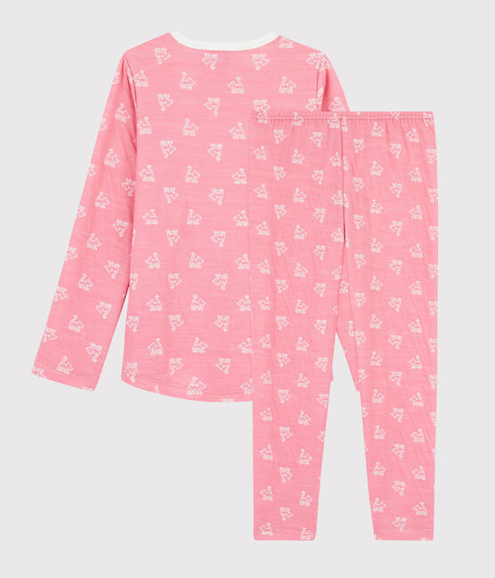 Jacquard meisjespyjama van wol en katoen met katten roze CHEEK/wit MARSHMALLOW
