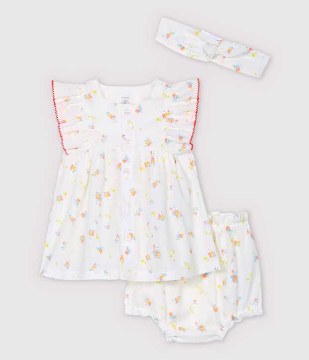 Robe sans manches avec bloomer et bandeau b&eacute;b&eacute; fille en popeline de coton biologique blanc/multicouleur