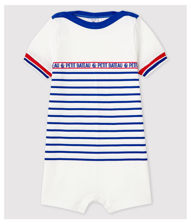 Korte gestreepte jersey jumpsuit voor jongens wit/blauw