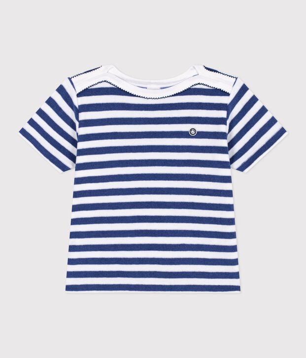 Katoenen kinder-T-shirt met korte mouw en streepjes blauw/wit