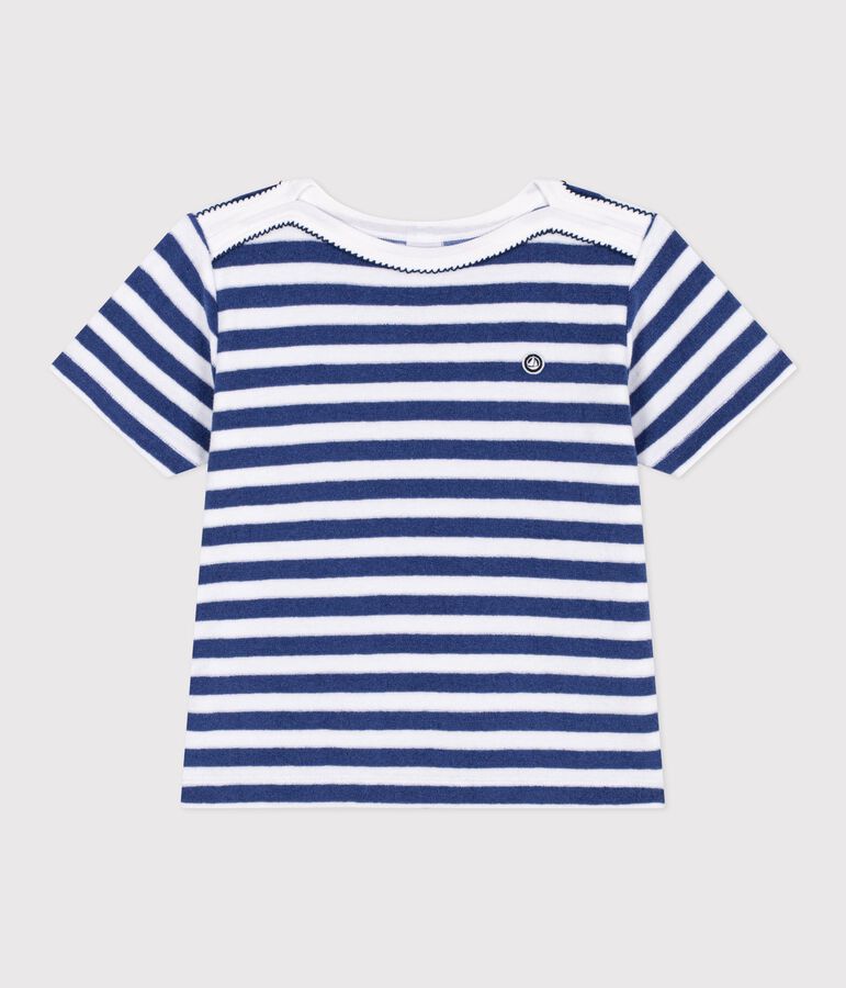 Katoenen kinder-T-shirt met korte mouw en streepjes blauw/wit