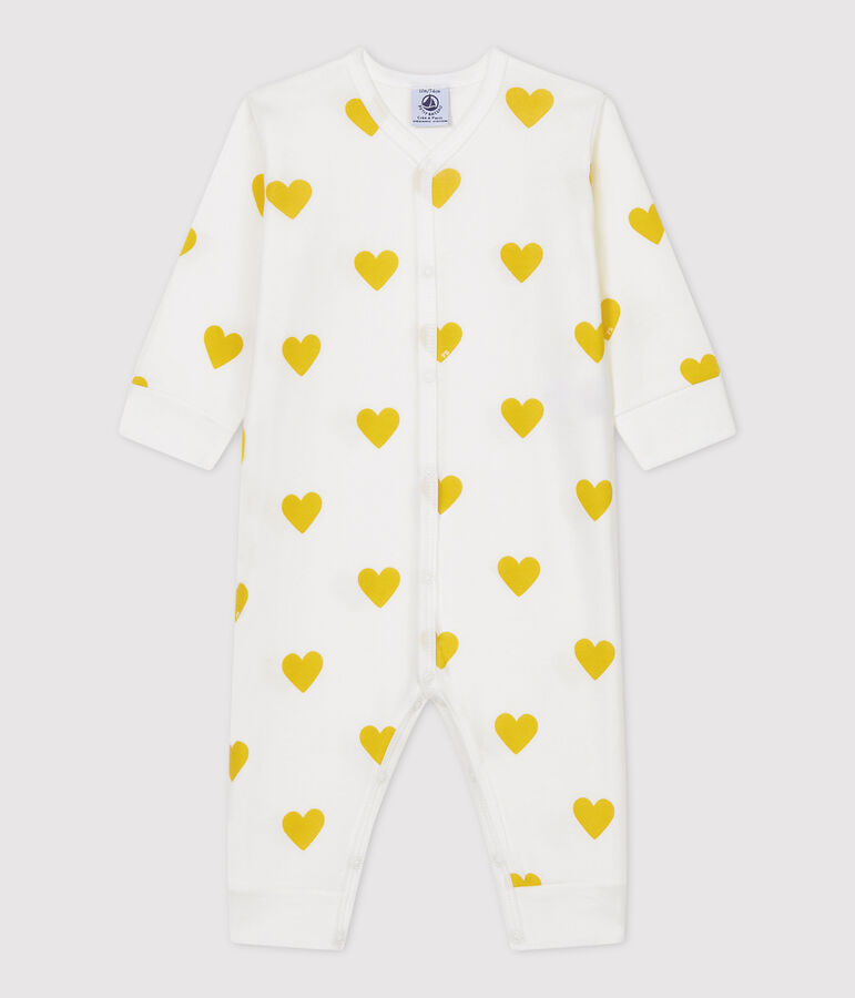 Voetloos slaappakje met gele hartjes van biologisch katoen wit/multicouleur