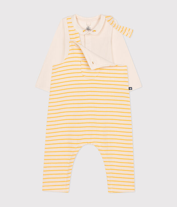 Babysetje met salopette en body van katoen ecru/geel