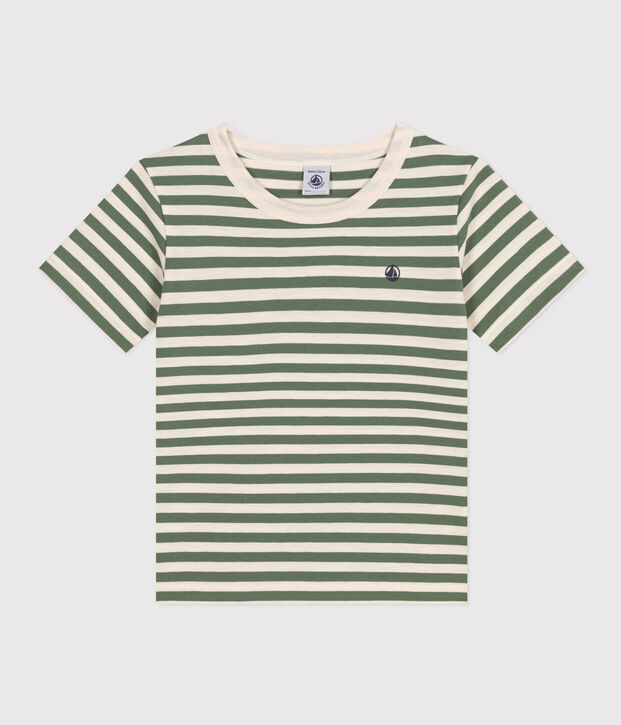 Gestreept T-shirt van lichte jersey voor jongens groen/ecru