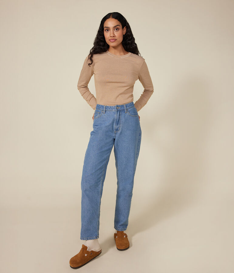 L'Iconique, gestreept T-shirt met lange mouw van ribstof voor dames bruin/wit