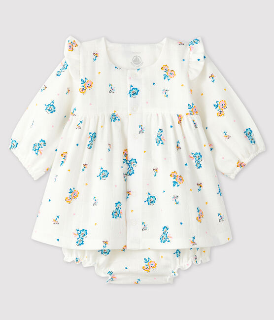 Robe fleurie manches longues avec bloomer bébé fille en tissu couche blanc MARSHMALLOW/blanc MULTICO