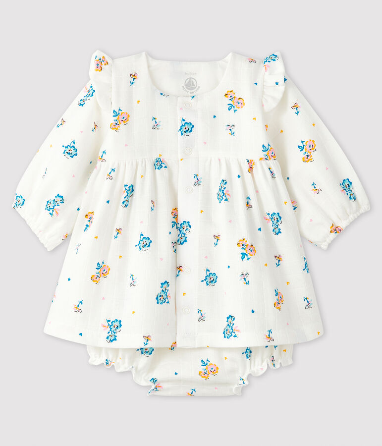 Robe fleurie manches longues avec bloomer b&eacute;b&eacute; fille en tissu couche blanc MARSHMALLOW/blanc MULTICO