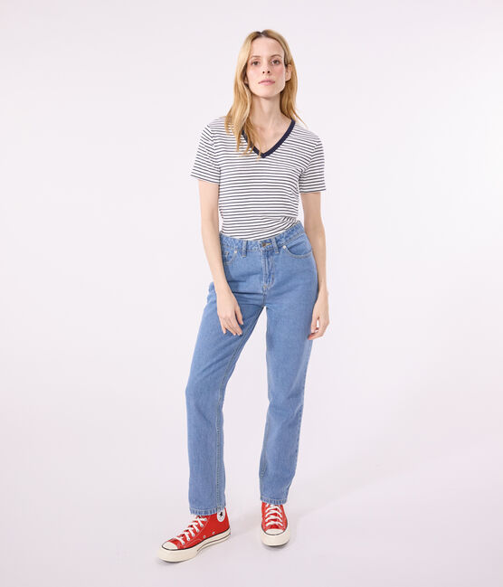 L'Iconique, gestreept katoenen T-shirt met V-hals voor dames wit MARSHMALLOW/blauw SMOKING