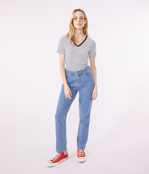 L'Iconique, gestreept katoenen T-shirt met V-hals voor dames wit/blauw