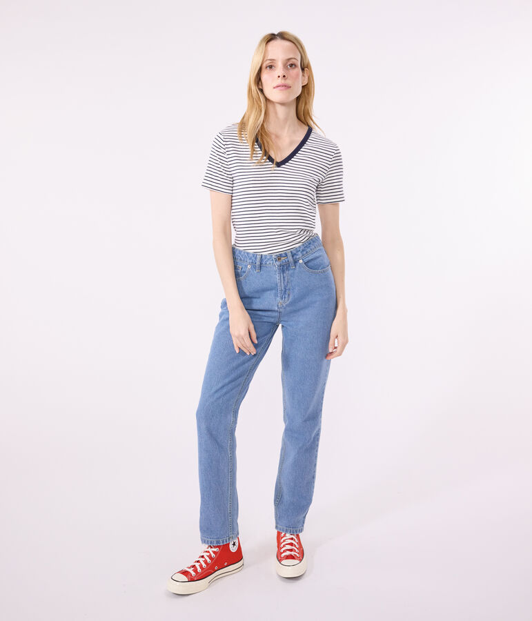 Tee-shirt l'Iconique col V en coton ray&eacute; femme blanc/bleu