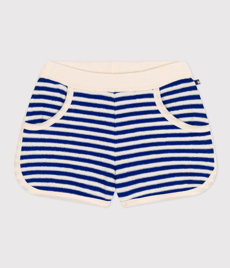 Short ray&eacute; en bouclette &eacute;ponge enfant fille bleu/&eacute;cru