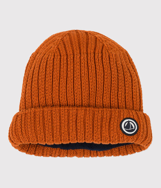 Bonnet bébé en tricot doublé en polaire recyclée marron RUSTY