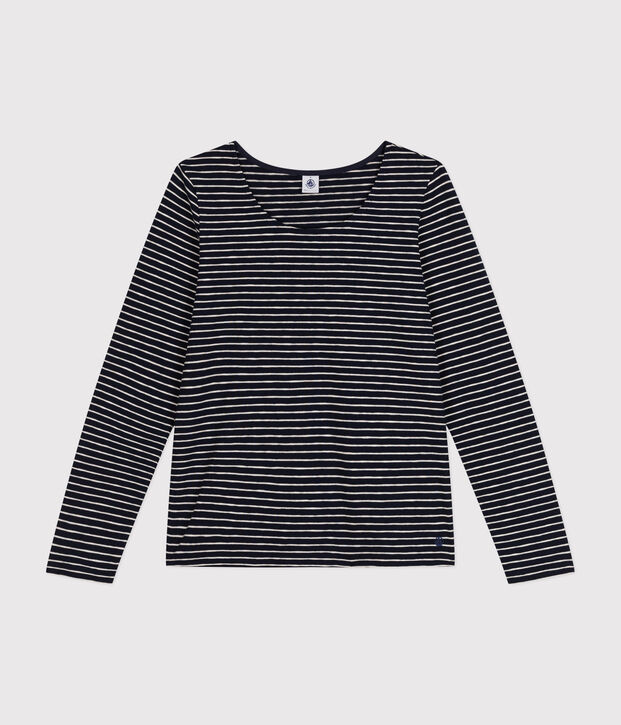 Dames-T-shirt van gevlamde jersey met lange mouw en diepe halslijn - Le Droit blauw/beige