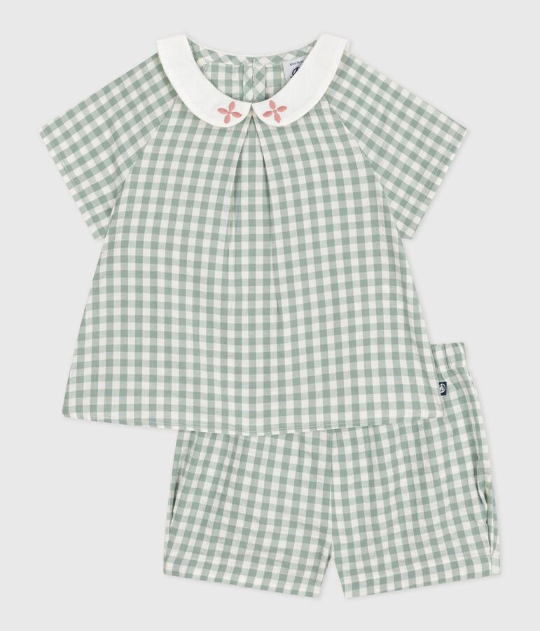 Ensemble b&eacute;b&eacute; deux pi&egrave;ces en coton, blouse et short vichy vert/blanc