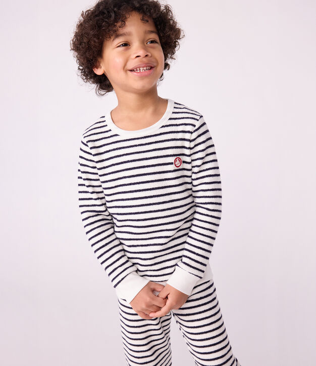 Pyjama enfant en coton &eacute;ponge &agrave; rayures bleu/bleu