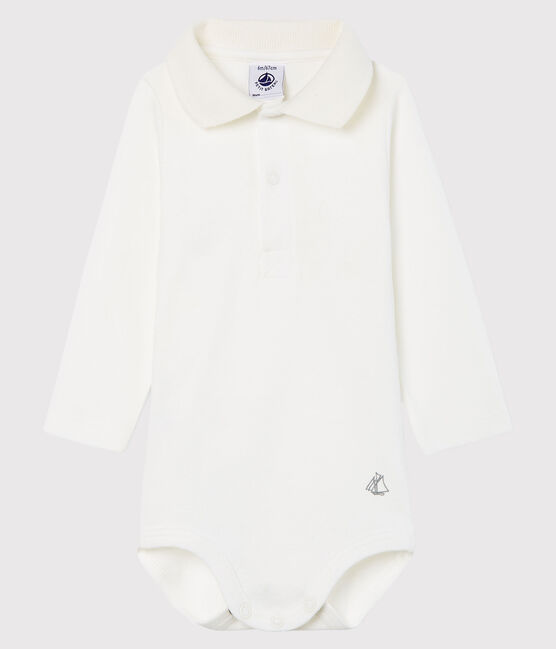 Body met lange mouwen en polokraag babyjongen wit MARSHMALLOW