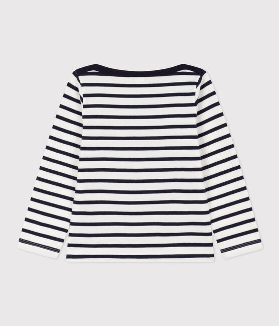 Marinière sérigraphiée en coton épais enfant fille blanc MARSHMALLOW/bleu SMOKING