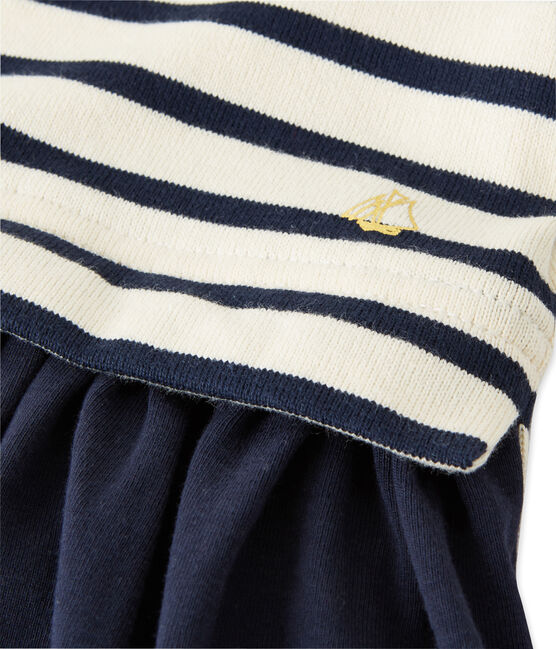 Robe fille bi-matière rayée beige COQUILLE/bleu SMOKING