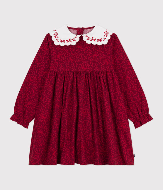 Flanellen kinderjurkje met lange mouw met print rood AMARANTE/ TERKUIT