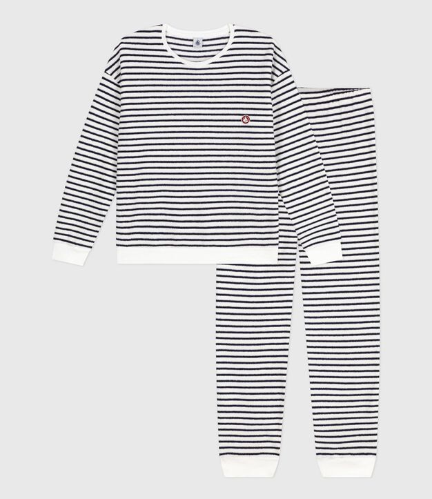 Pyjama femme en coton &eacute;ponge &agrave; rayures bleu/bleu