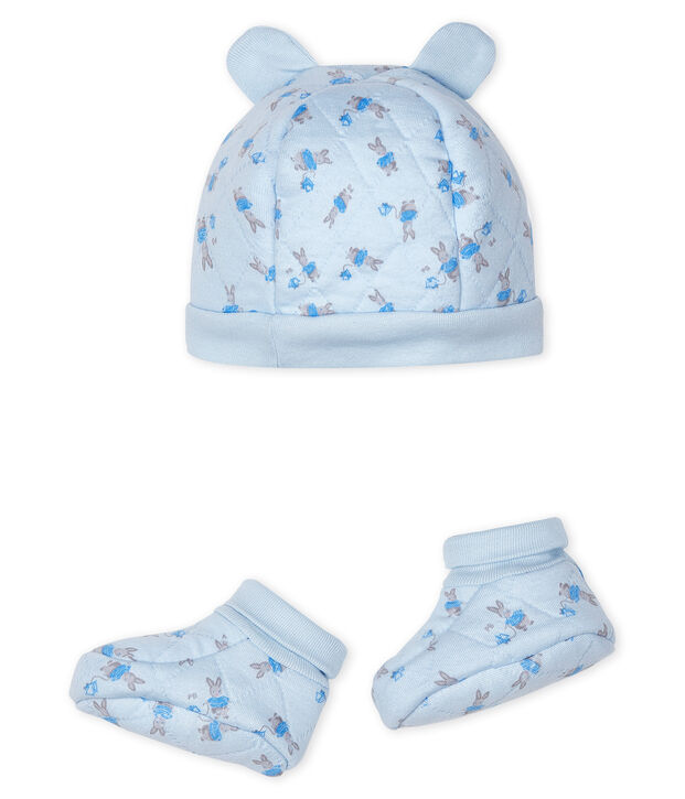 Lot bonnet naissance et chaussons b&eacute;b&eacute; en tubique bleu/multicouleur
