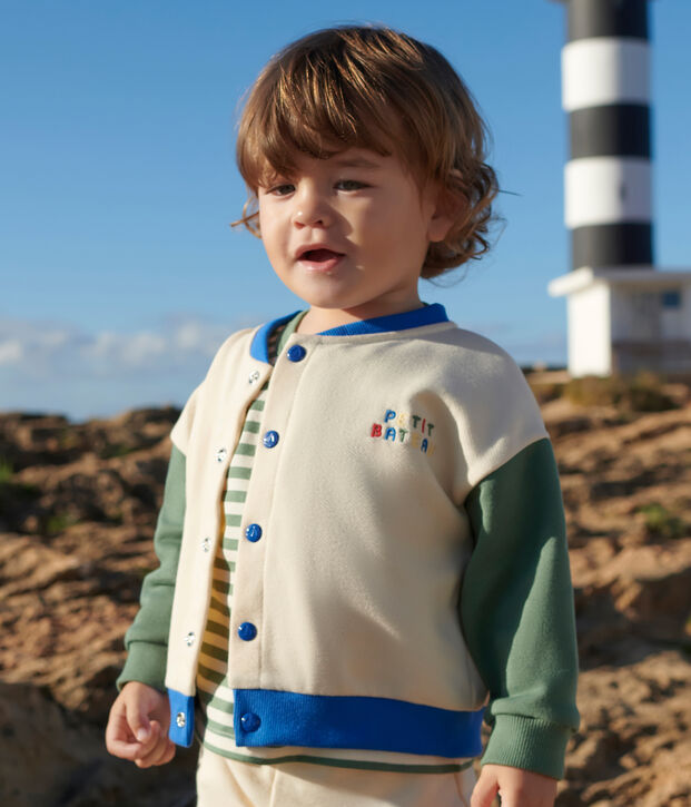 Veste teddy b&eacute;b&eacute; en coton colorblock &eacute;cru/vert