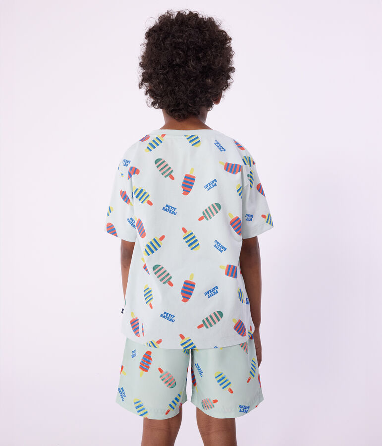 Katoenen T-shirt met korte mouwen en meeuwtjesprint voor kinderen blauw/multicouleur