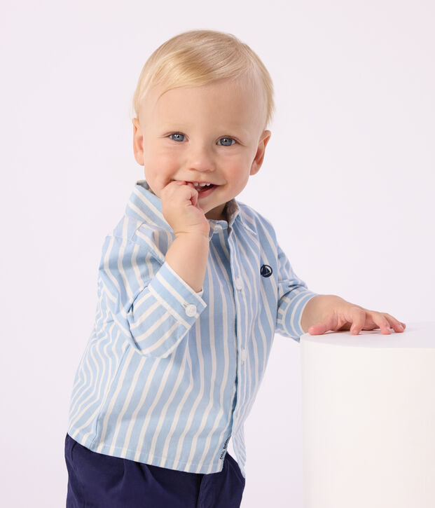 Gestreept katoenen babyhemdje met lange mouwen blauw/wit